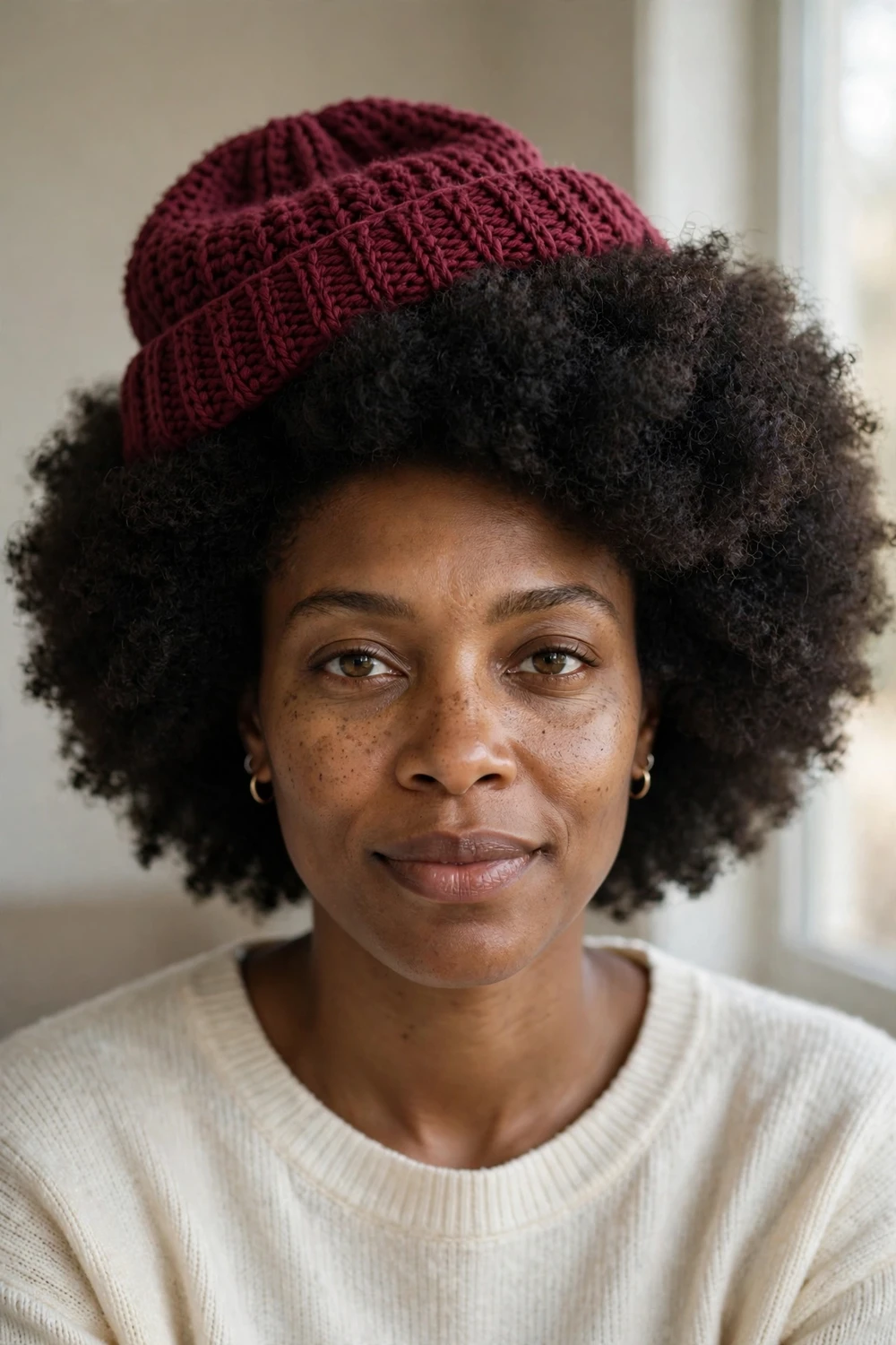 Woman with a rounded natural afro wearing a burgundy knit beanie