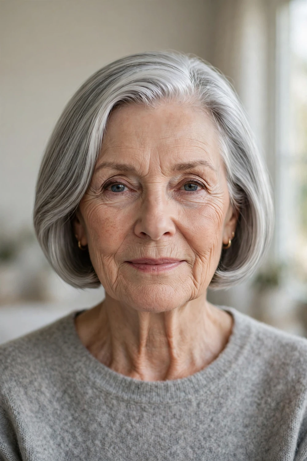 Silver bob embracing natural gray on a 68-year-old woman with silver thin hair