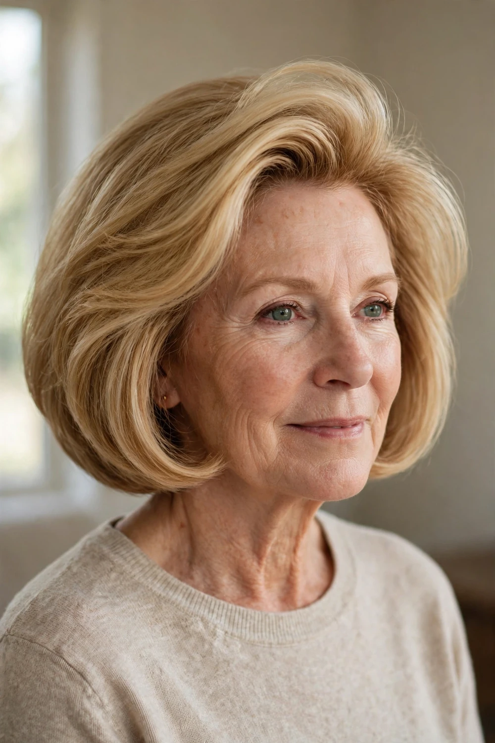 56-year-old woman with honey blonde voluminous blow-dried bob with lifted roots