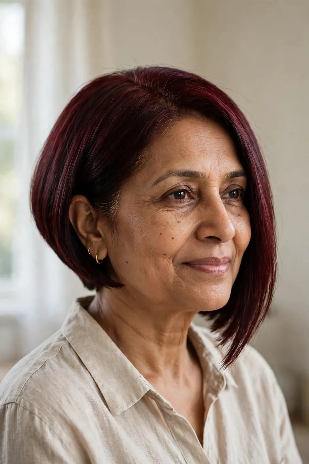 Sharp A-line angled bob with pointed front ends on a woman over 50