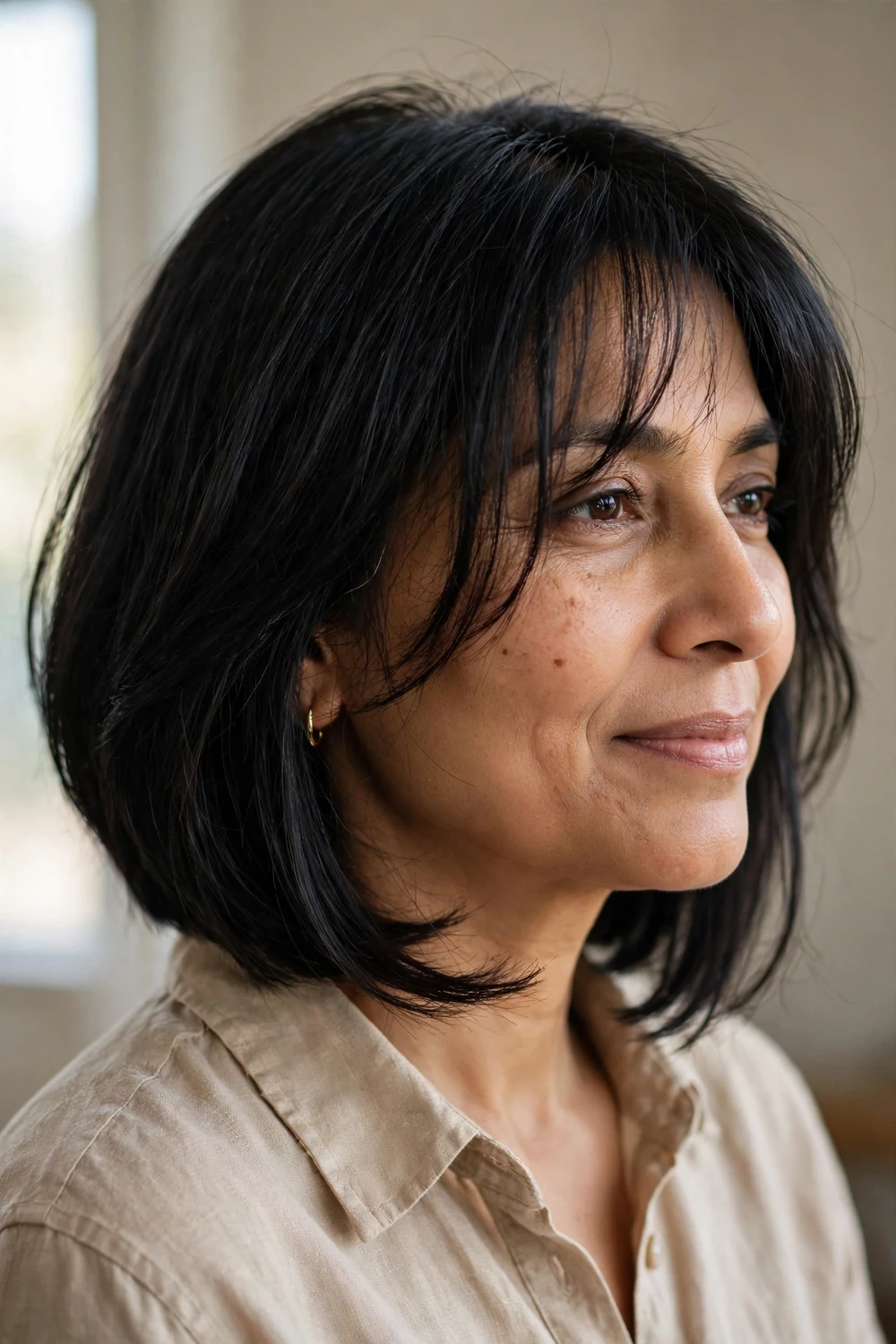 Woman with black A-line lob haircut and face-framing wispy strands