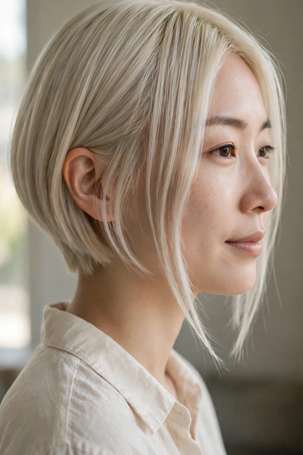 Asymmetrical bob longer on one side on a woman with a slim face, platinum blonde hair
