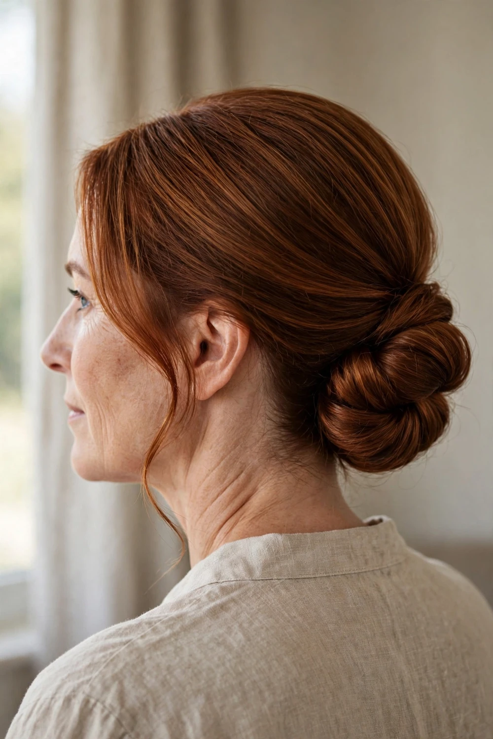 Woman with auburn hair in an elegant low chignon bun at the nape, back view