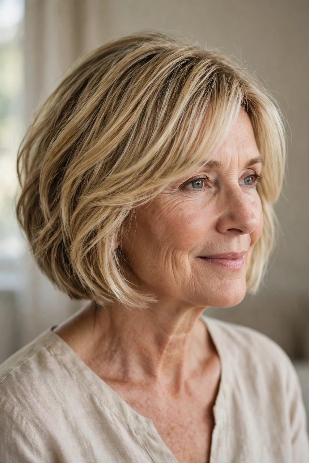Blonde bob with highlights on a 60-year-old woman with highlighted fine hair