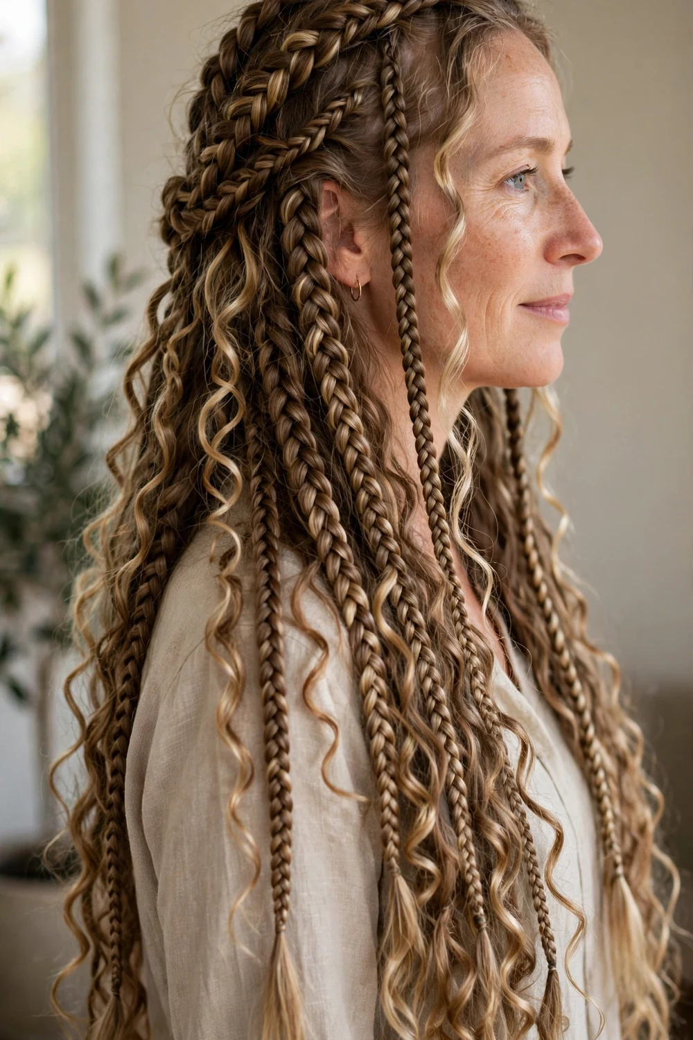 Woman with bronde brown-blonde goddess boho braids with spiral curls
