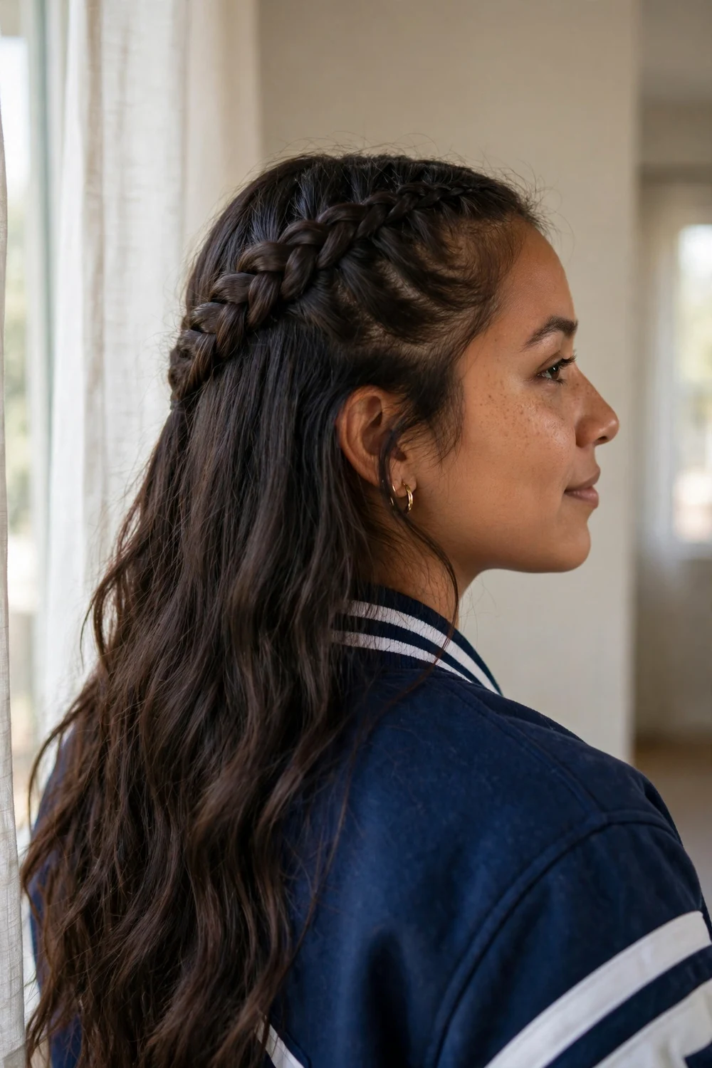 Woman with half-up Dutch braid cheer hairstyle