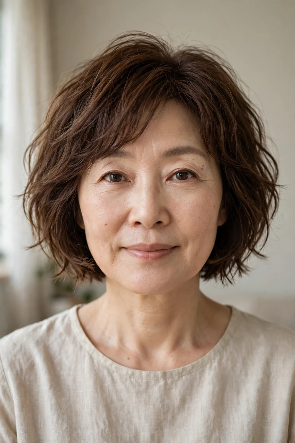 53-year-old East Asian woman with brown piecey textured bob with separated strands