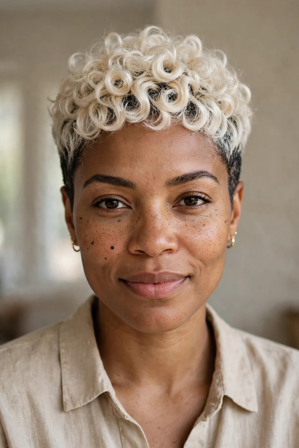 Platinum blonde curly pixie with pale defined curls and tapered sides