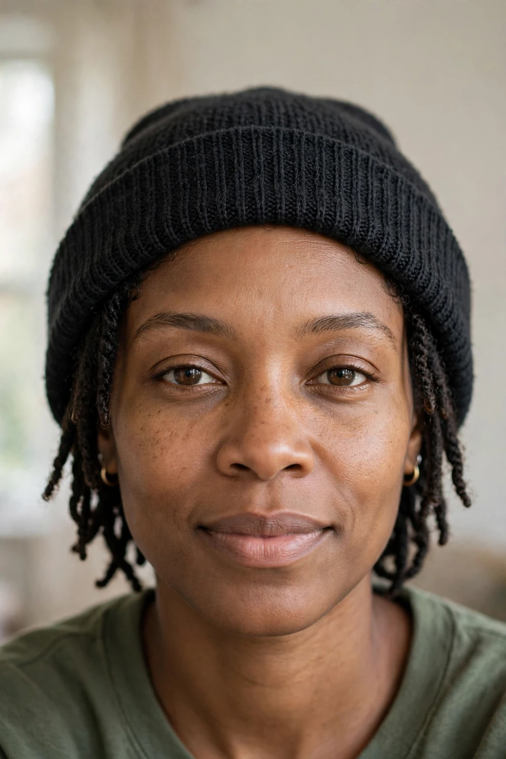 Woman with neat short locs wearing a charcoal black knit beanie
