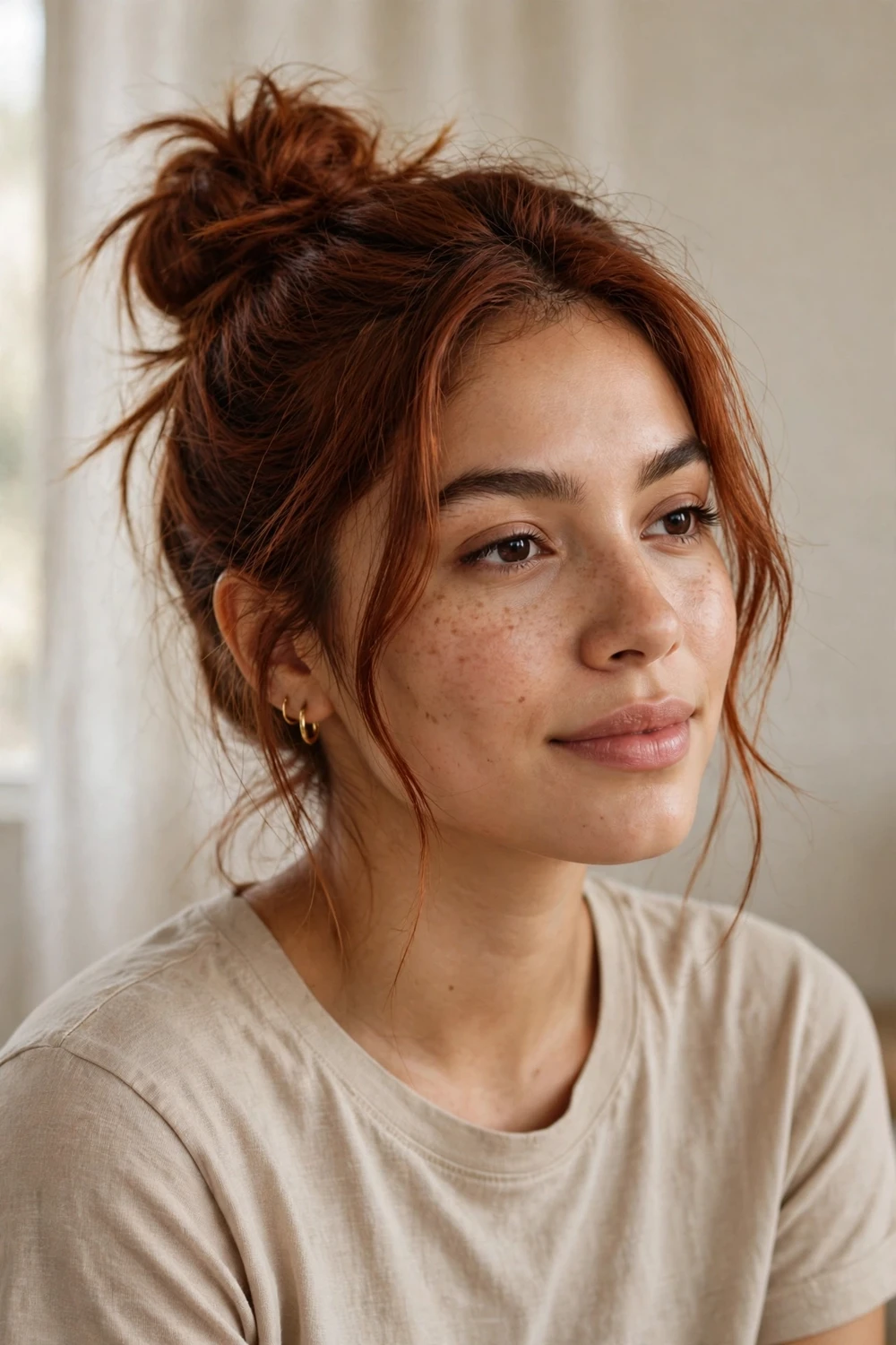 Woman with auburn hair in a casual messy top bun with loose wispy strands