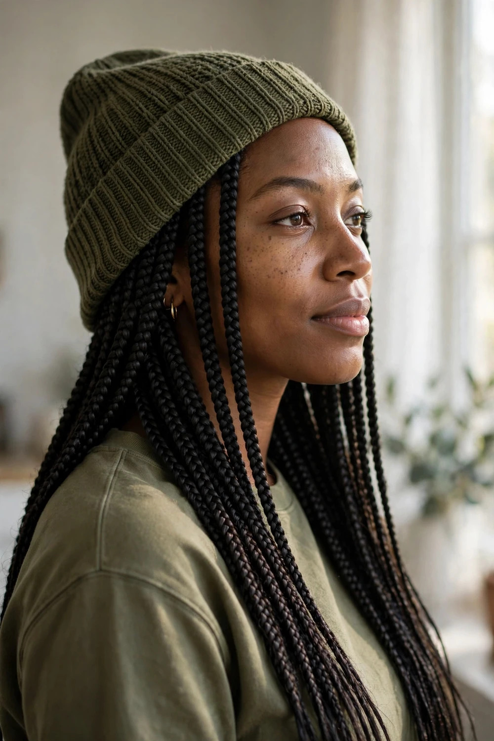 Woman with long box braids wearing an olive green knit beanie