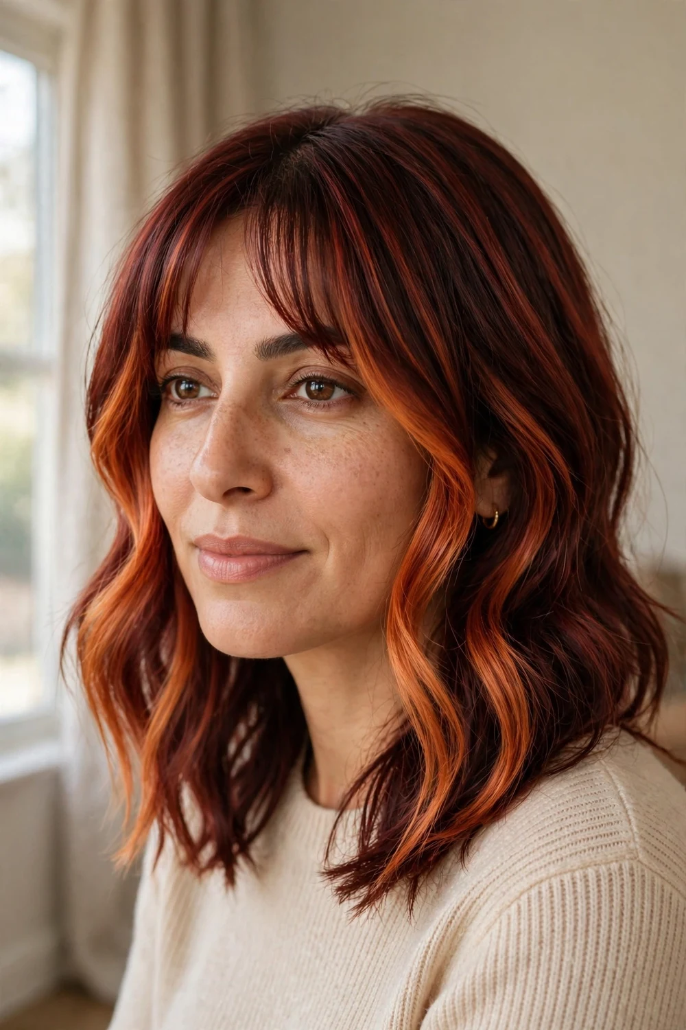 Woman with copper auburn face-framing highlights around her cheeks