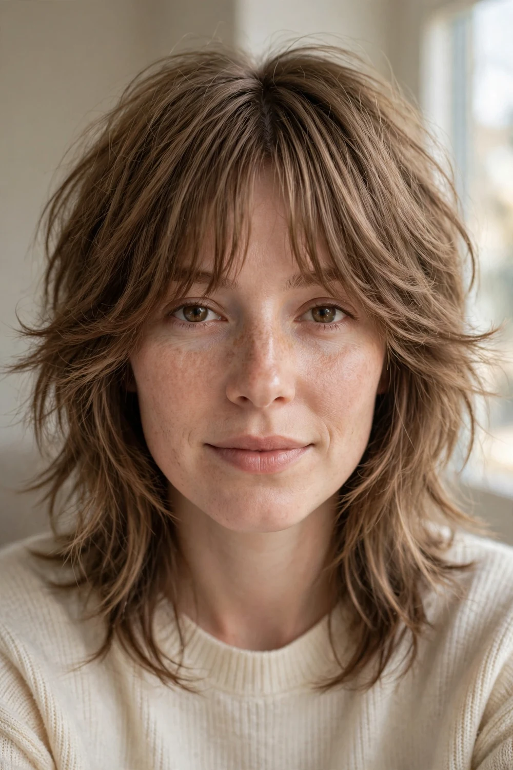 Woman with light brown shaggy layered haircut and thick graduated wispy curtain bangs