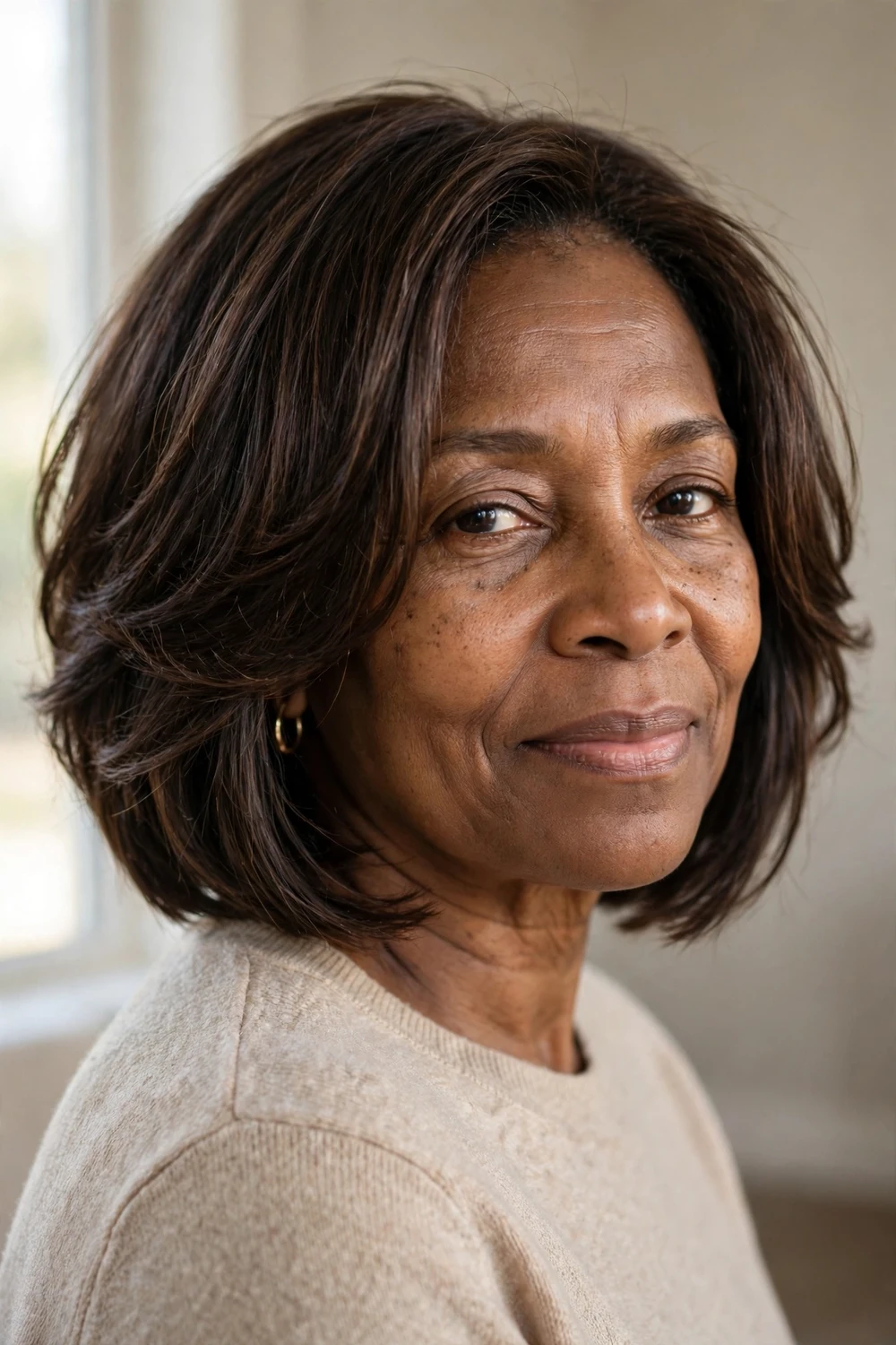 57-year-old Black woman with dark brown layered bob with face-framing pieces