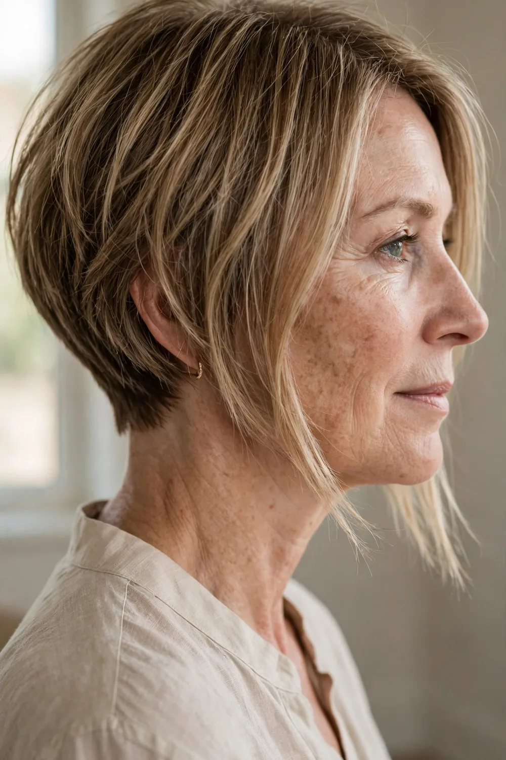 Razor-cut angled bob with wispy texture on a woman over 50