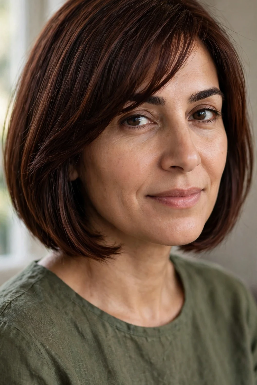Chin-length bob with side-swept fringe on a woman with a narrow face, mahogany hair