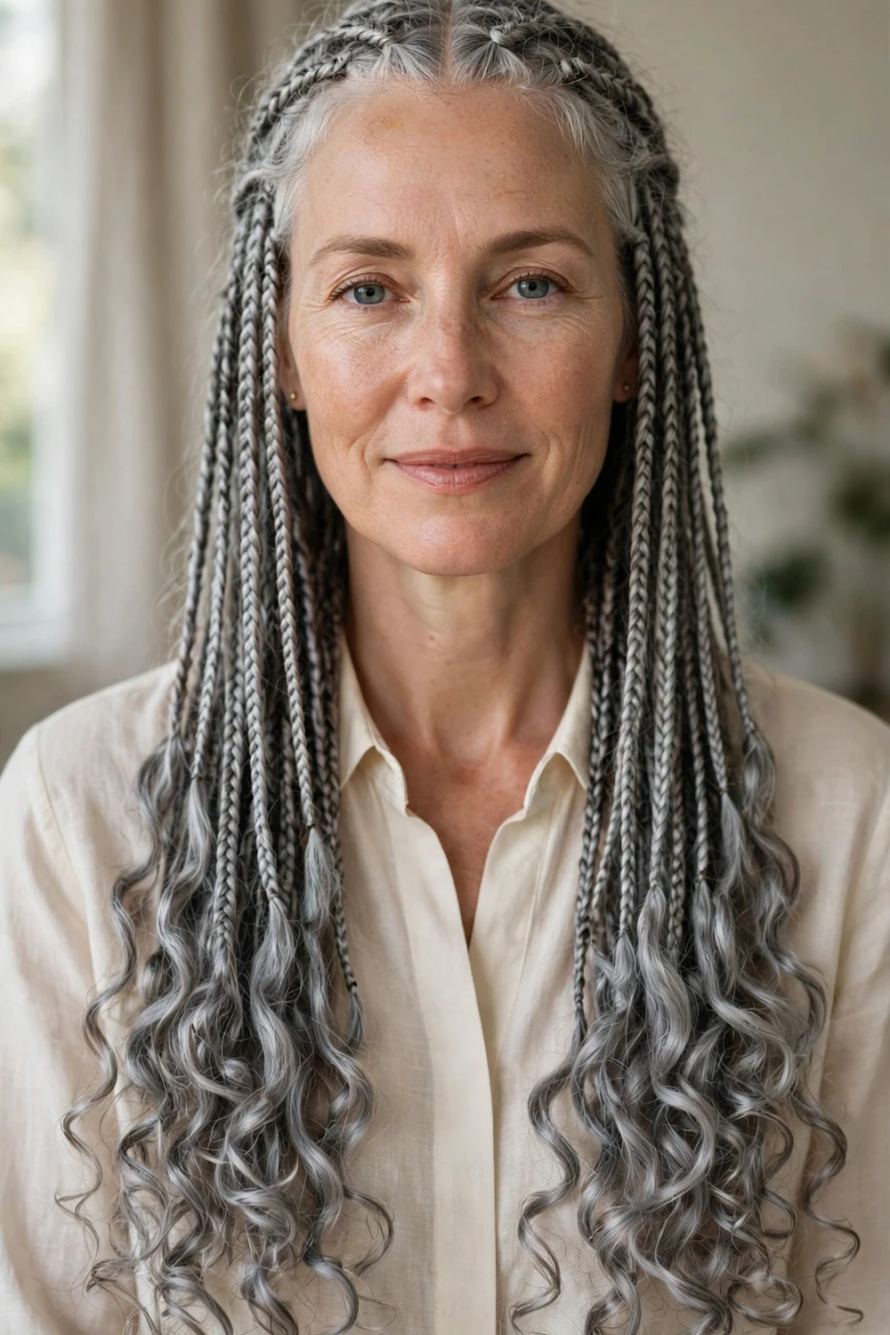 Woman with silver-gray boho knotless braids with curly ends