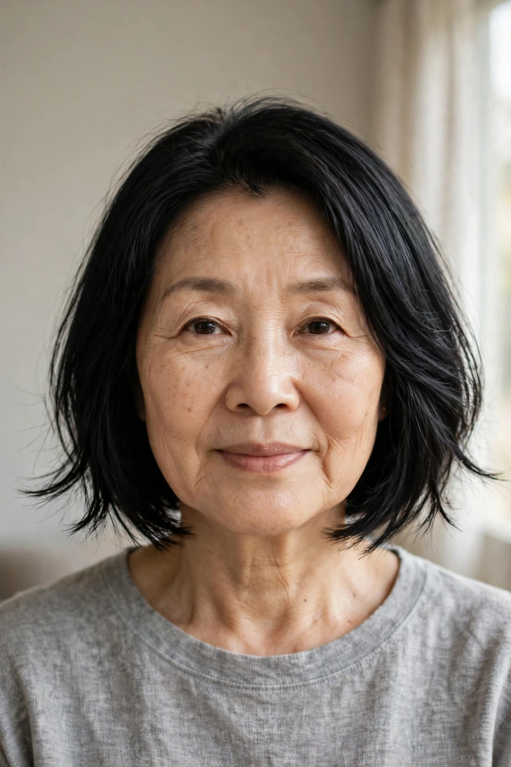 Bob with tapered ends on a 62-year-old woman with black thin hair