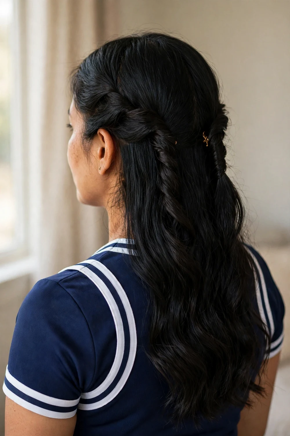 Woman with twisted half-up cheer hairstyle