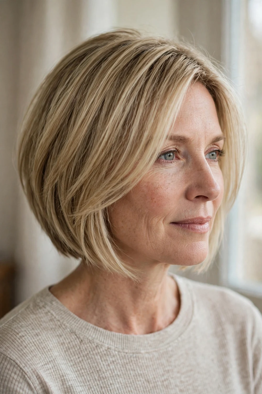 Angled bob with soft layers on a woman with a thin face, sandy blonde hair