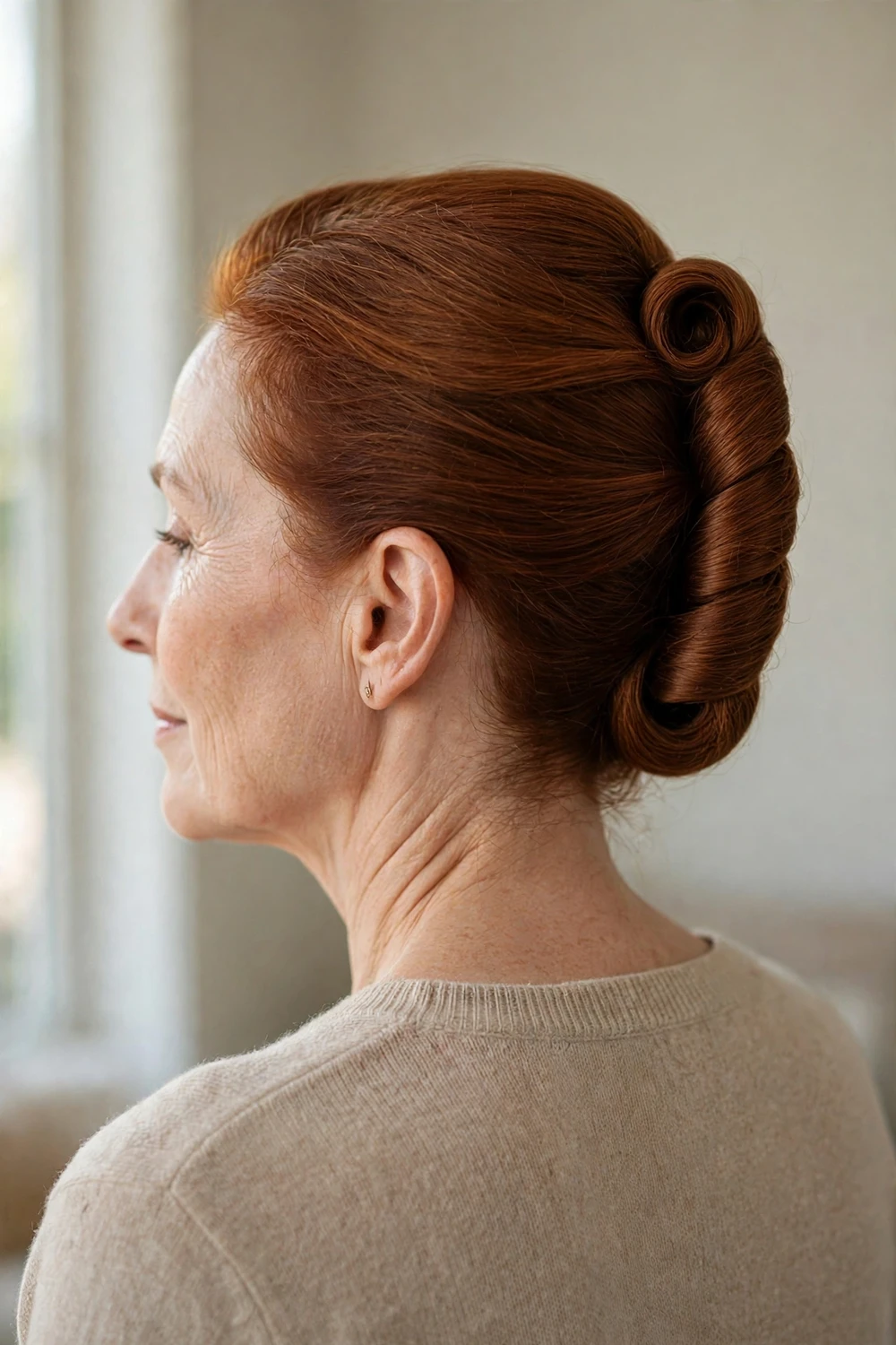 Woman with auburn hair in a classic French twist updo, back view