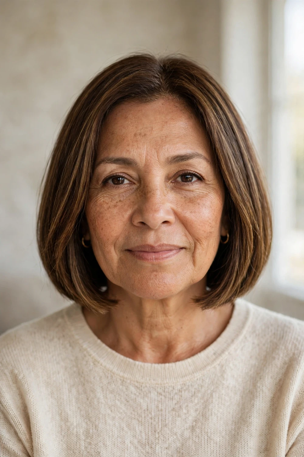 55-year-old Latina woman with brown blunt bob with subtle highlights for dimension