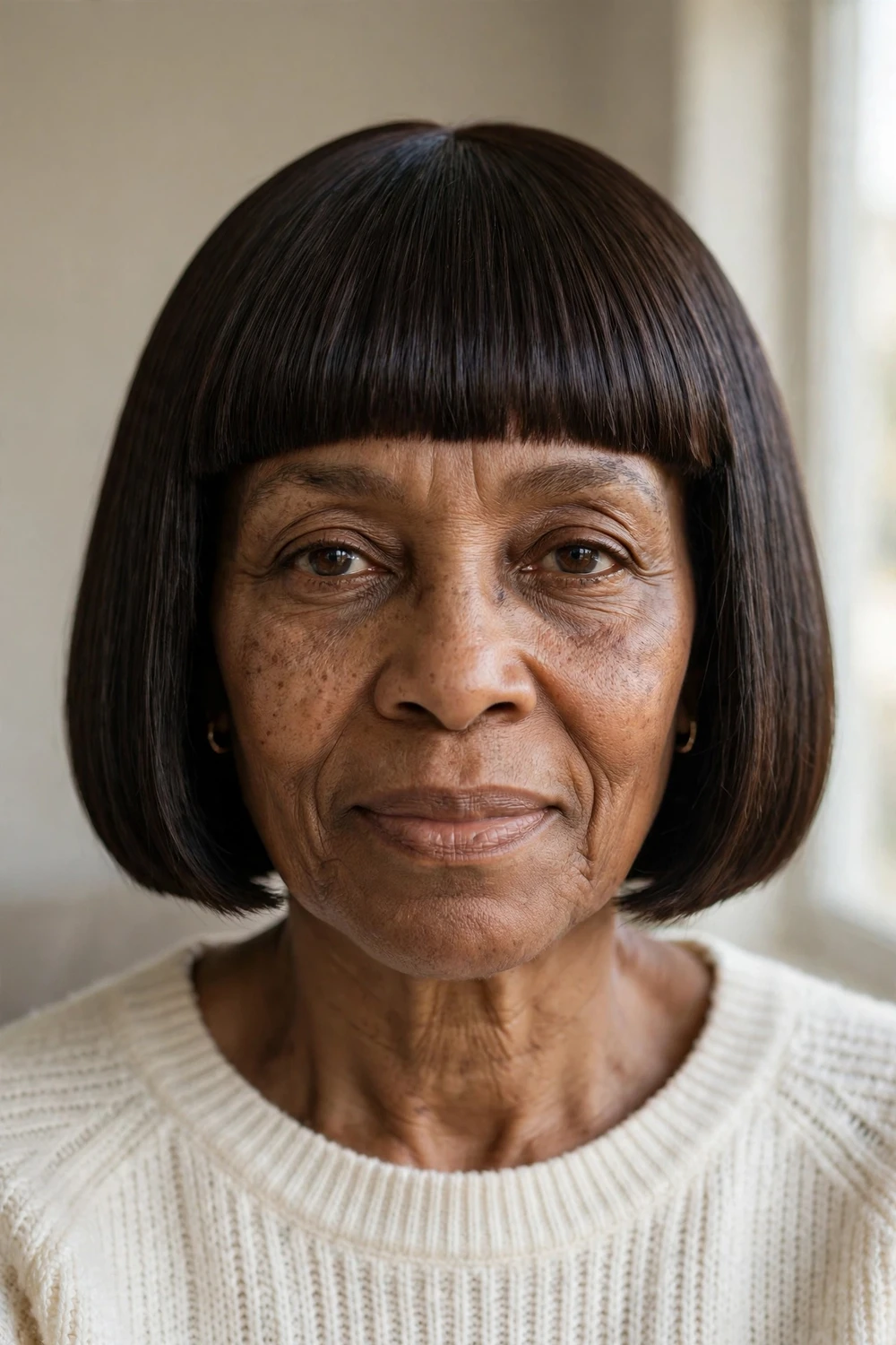 Box bob with geometric lines on a 58-year-old woman with dark brown fine hair
