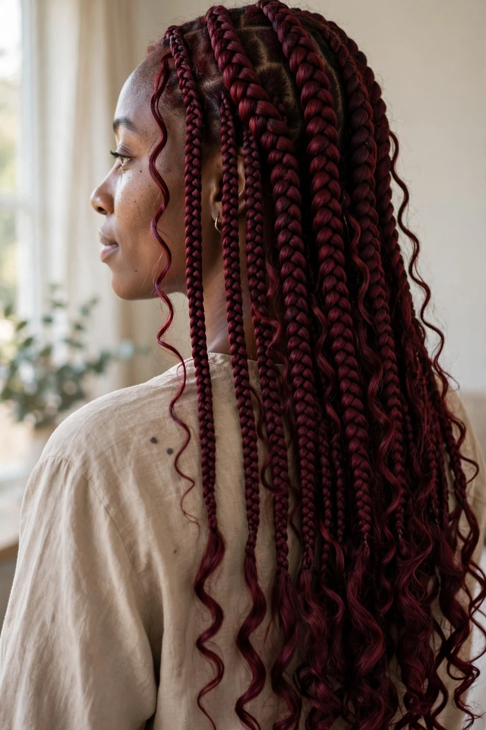 Woman with deep burgundy wine-red boho knotless braids with curls