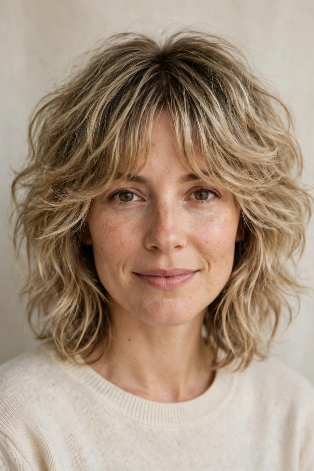 Cloud shag hybrid haircut with curtain fringe and tousled airy layers