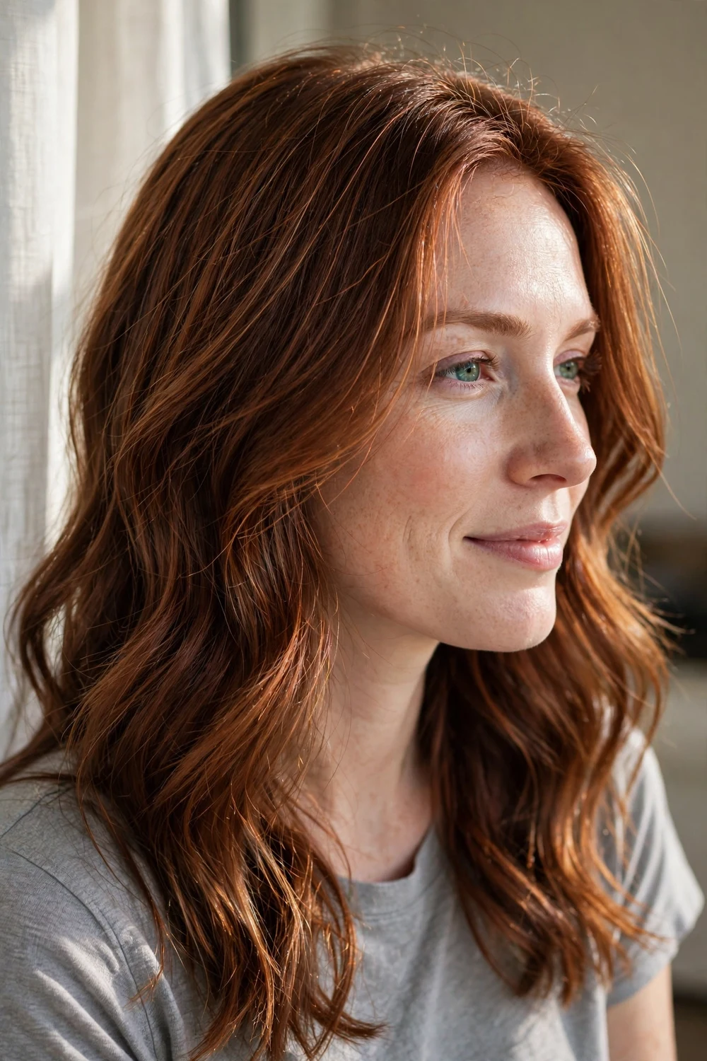 Woman with fine copper auburn babylights woven through her hair
