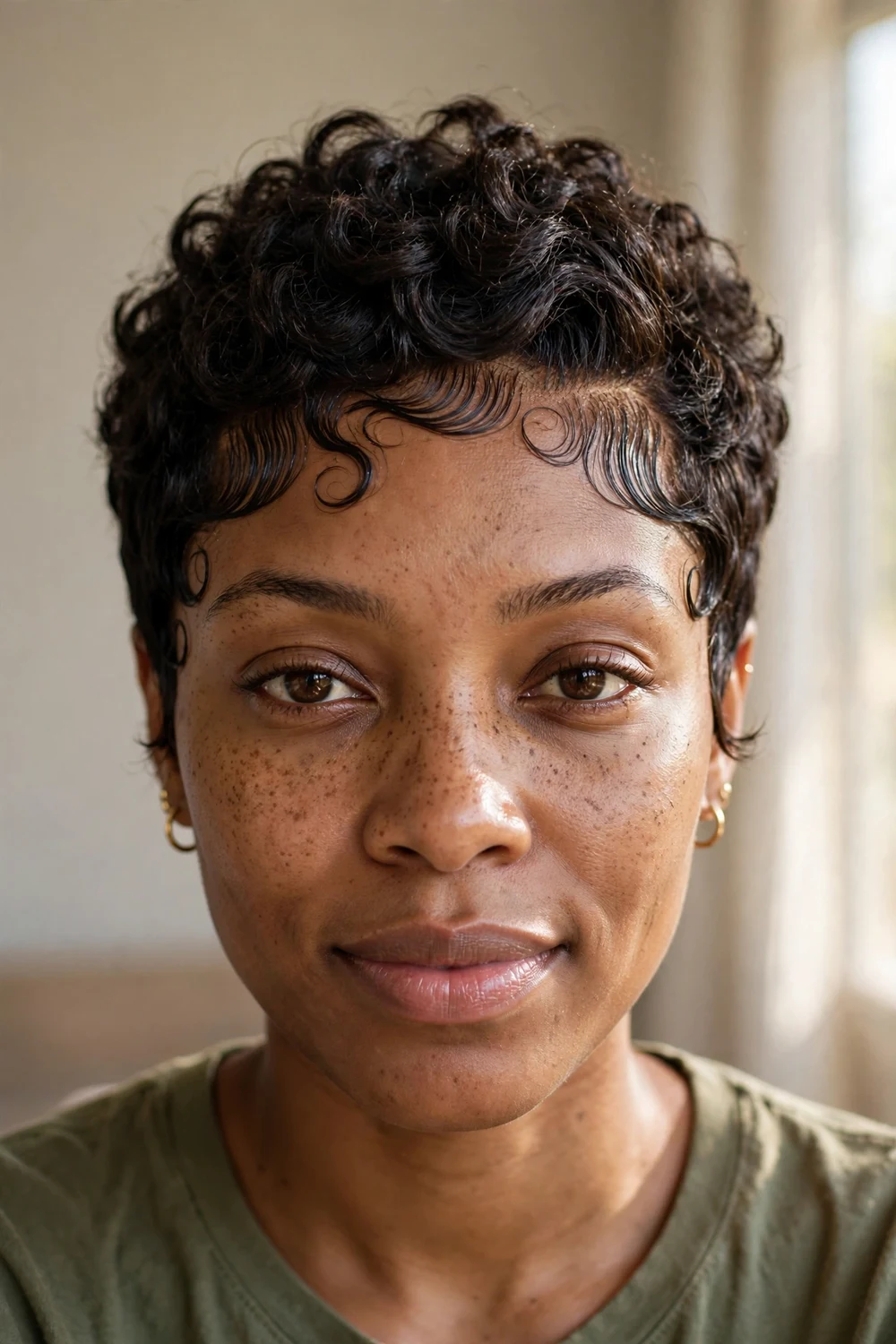 Curly pixie with sculpted laid edges along the hairline and textured top