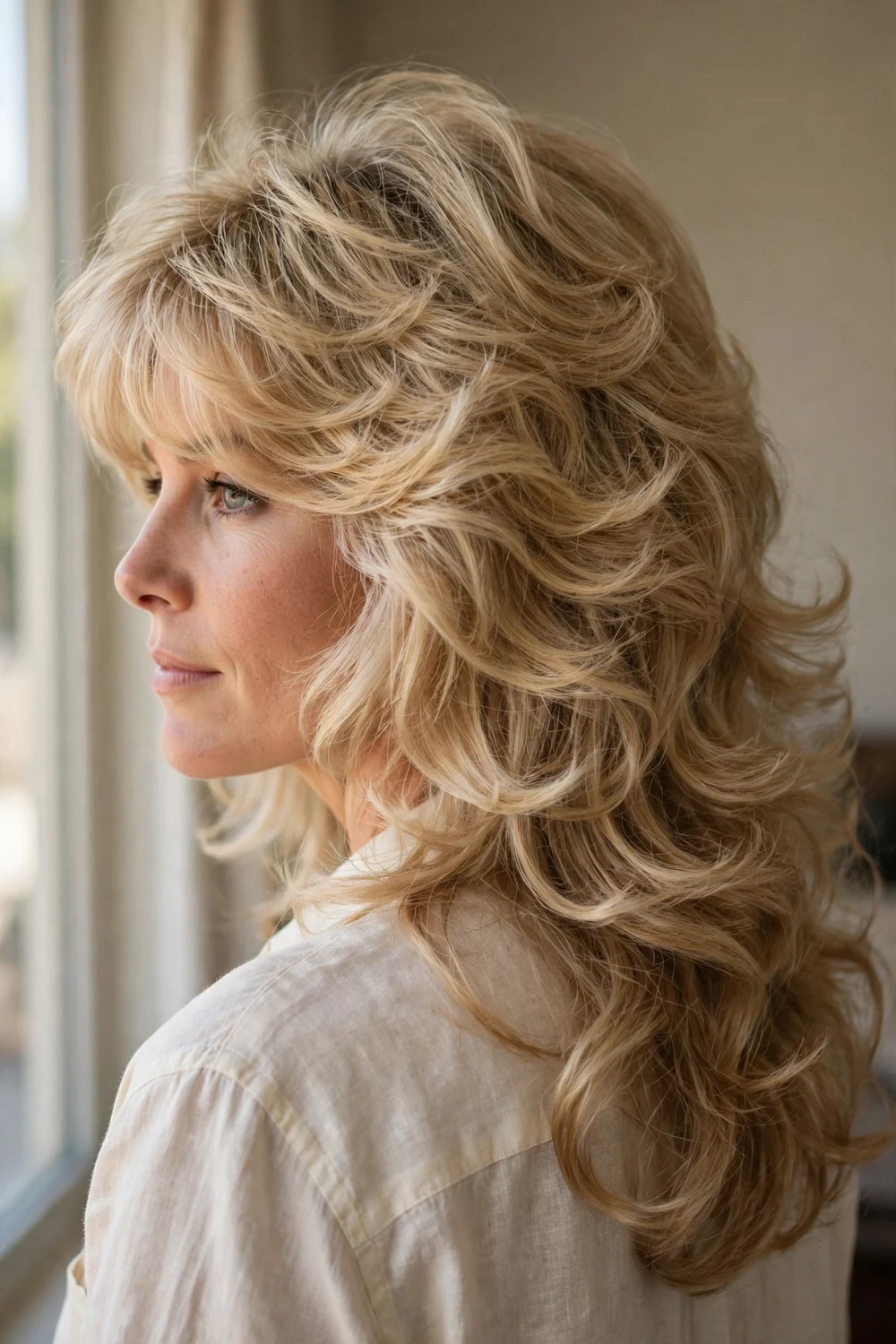 Woman with voluminous blonde layered wavy hair in a retro Farrah-inspired blowout with wispy bangs