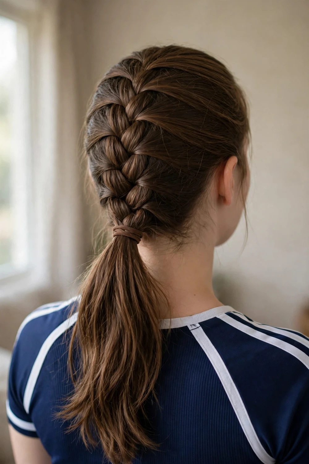 Woman with Dutch braid flowing into a low ponytail