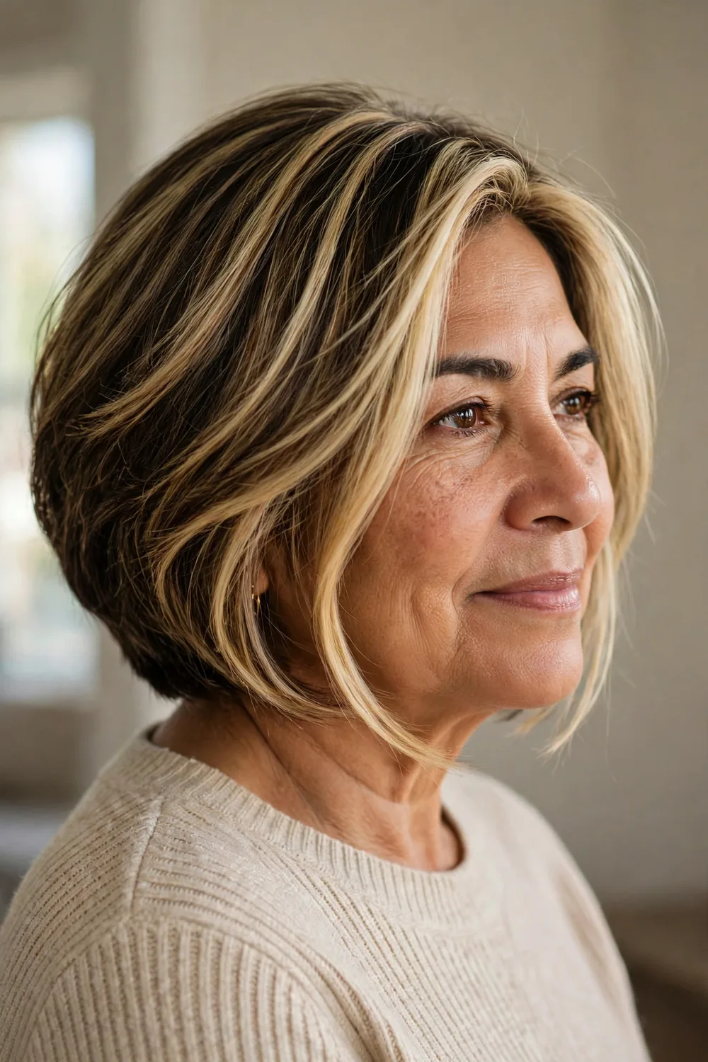 Angled bob with face-framing babylights on a woman over 50