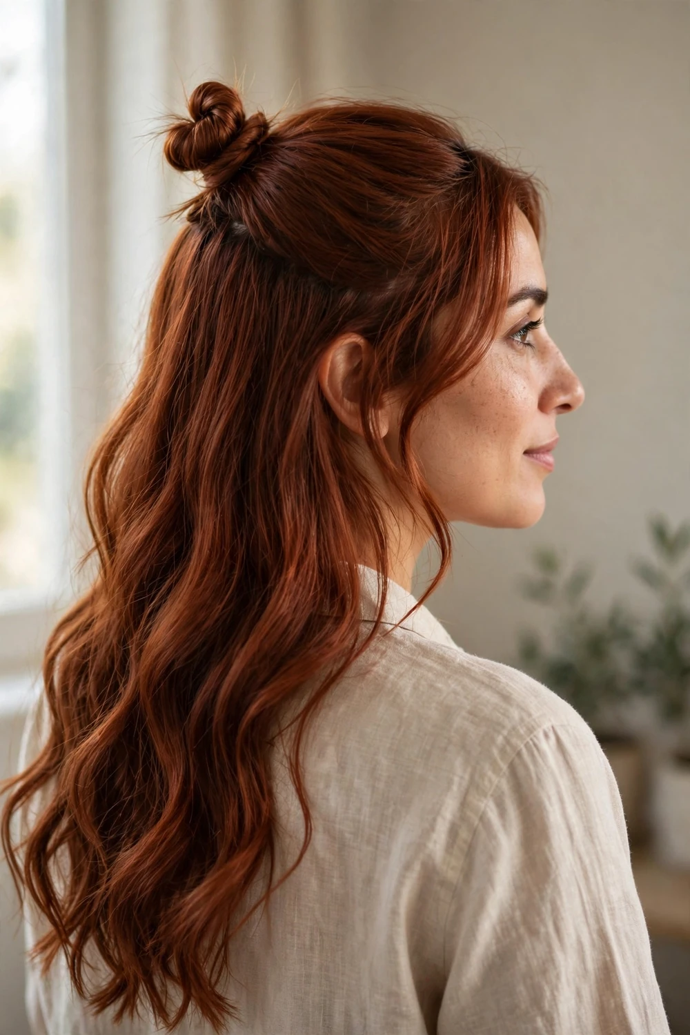Woman with long auburn hair in a half-up twisted knot, rest flowing in waves