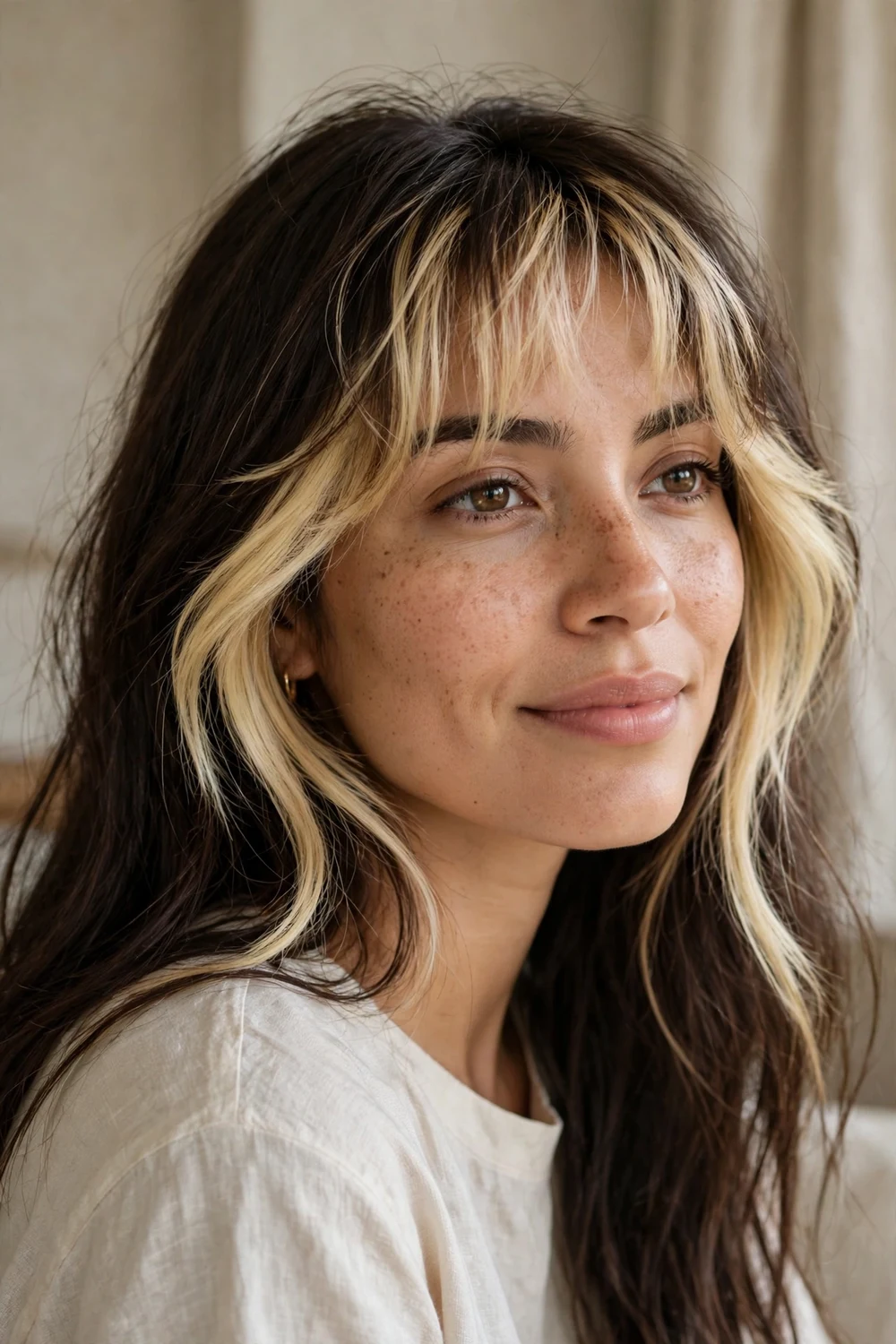 Brunette woman with dark brown long hair, bright blonde money pieces around the face and piece-y wispy bangs