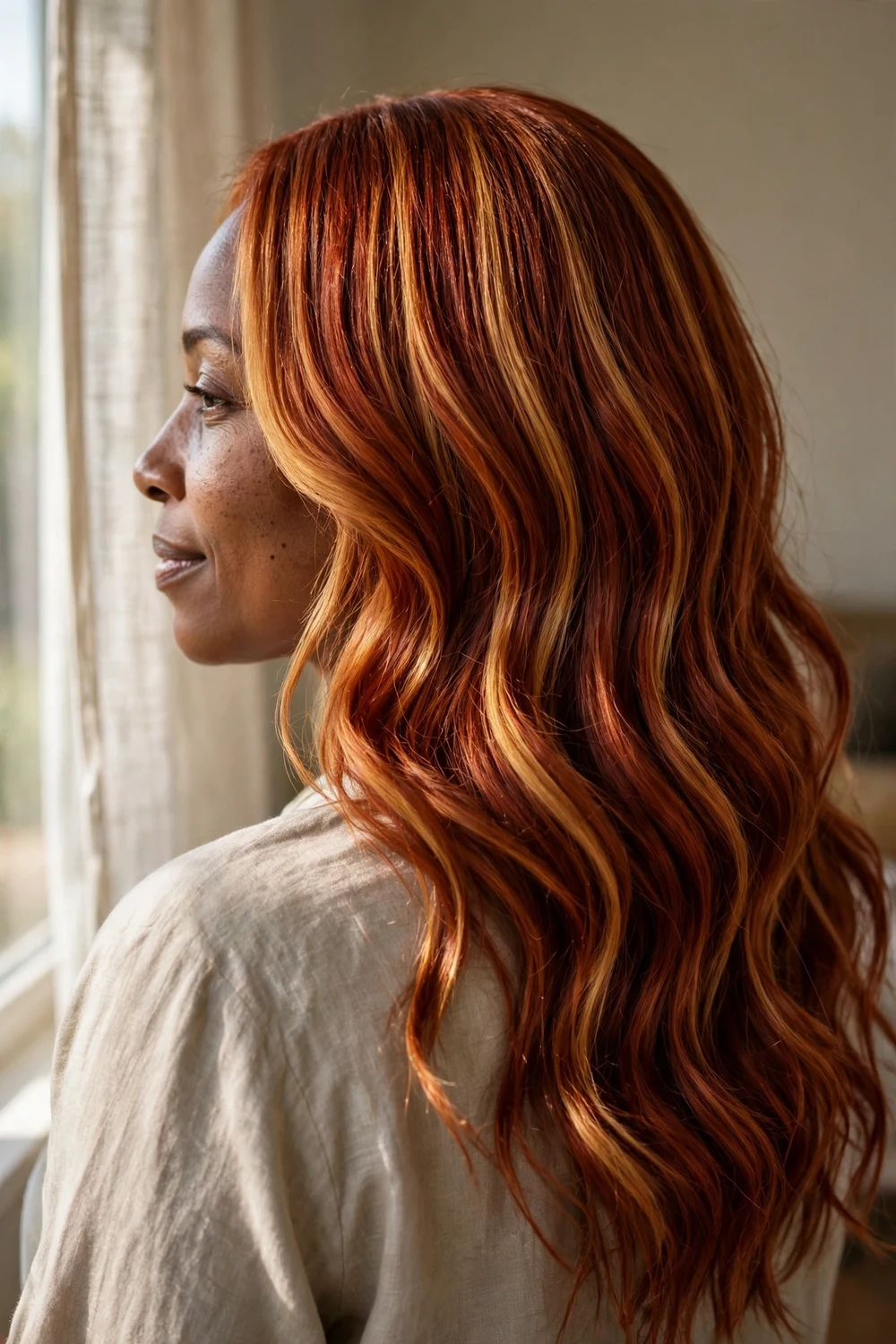 Woman with caramel highlights over auburn copper base