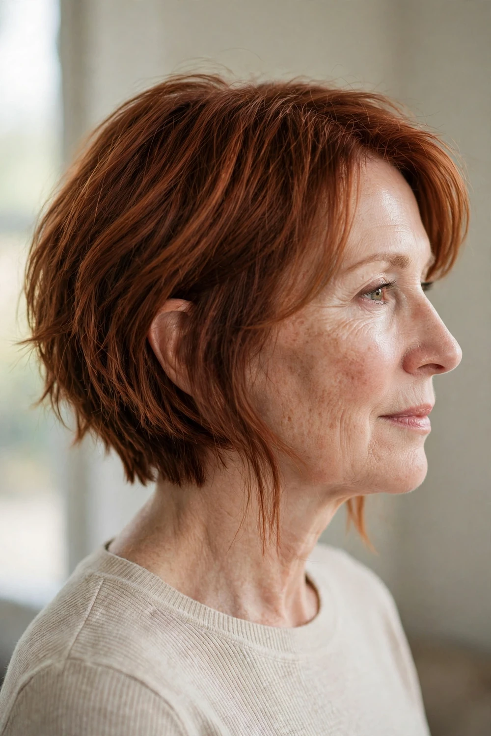 Disconnected bob with unblended sections on a 55-year-old woman with auburn thin hair