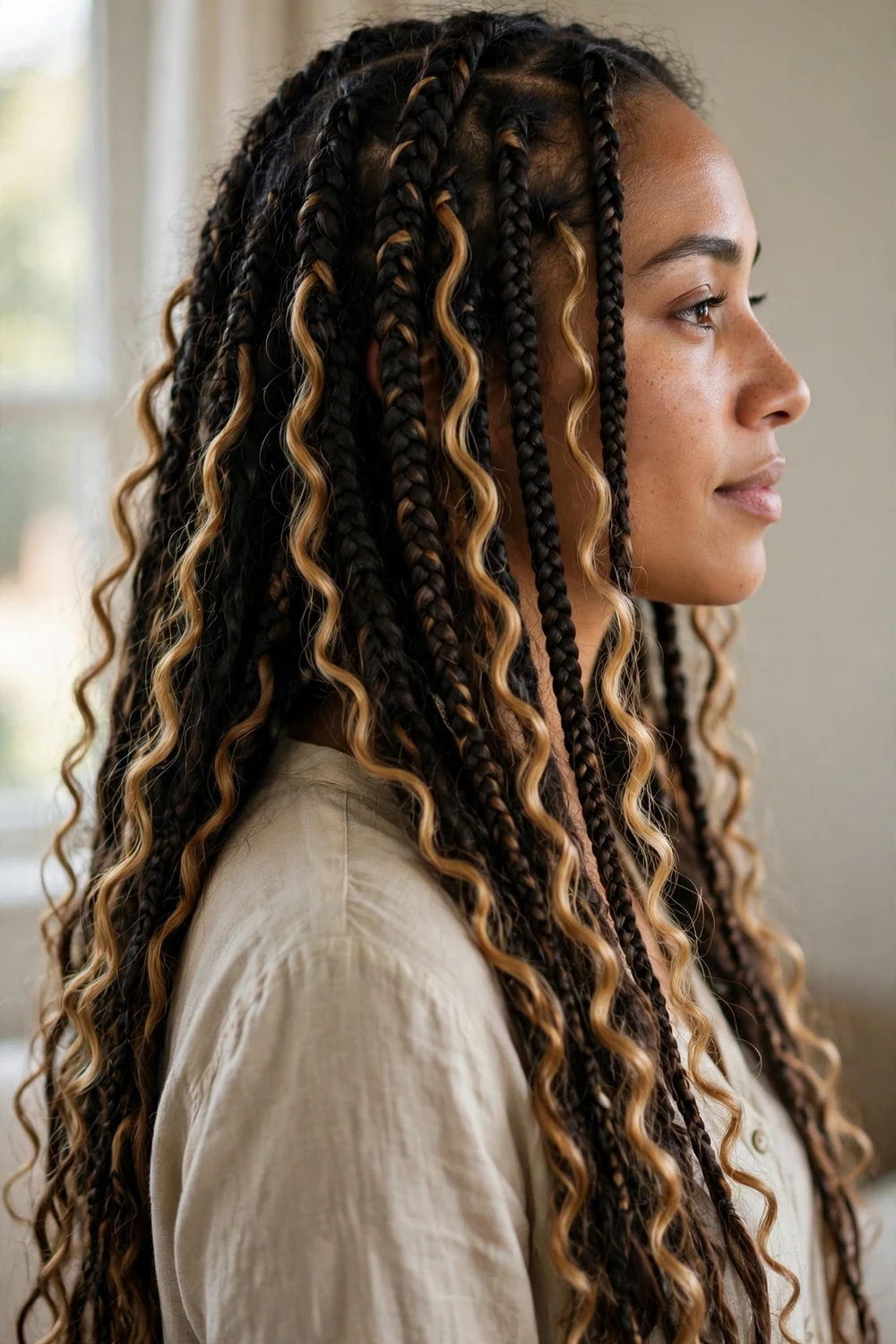 Woman with dark boho braids with honey-blonde highlighted curly strands