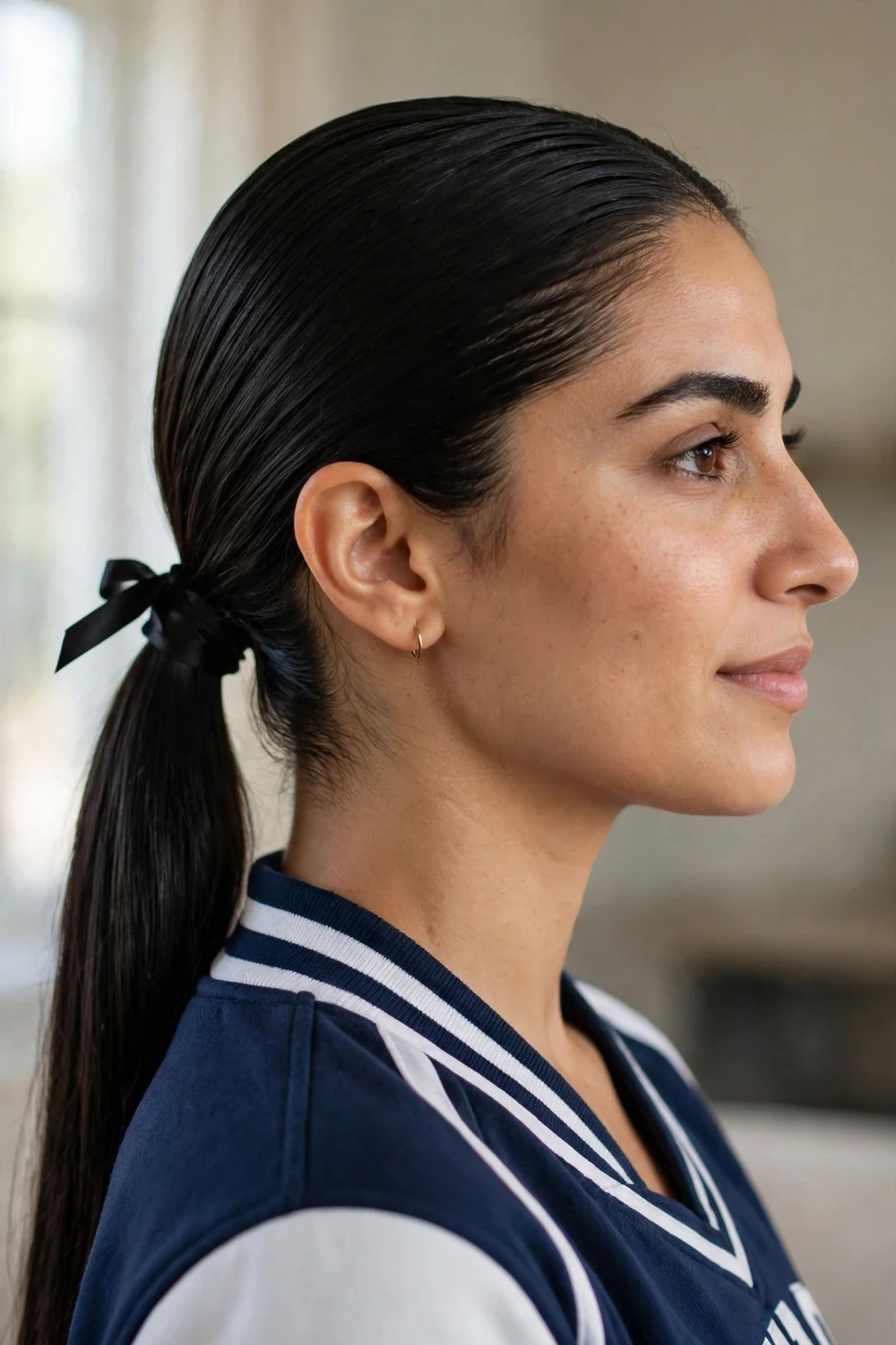 Woman with low slicked-back ponytail and ribbon