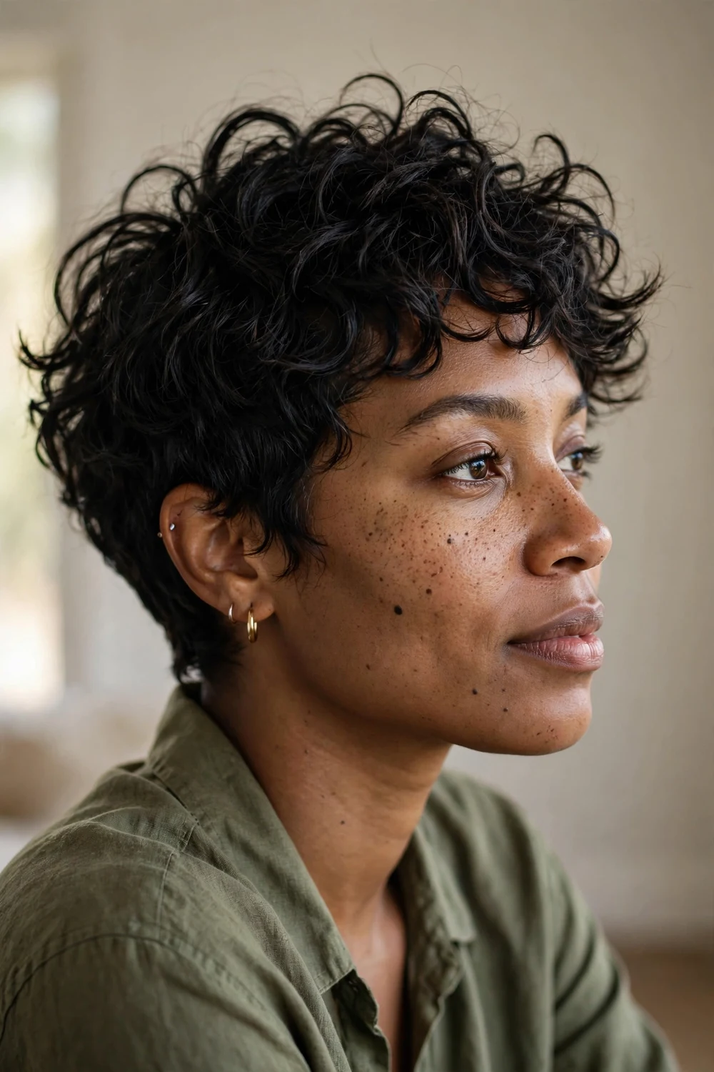 Textured messy curly pixie with tousled lived-in curls