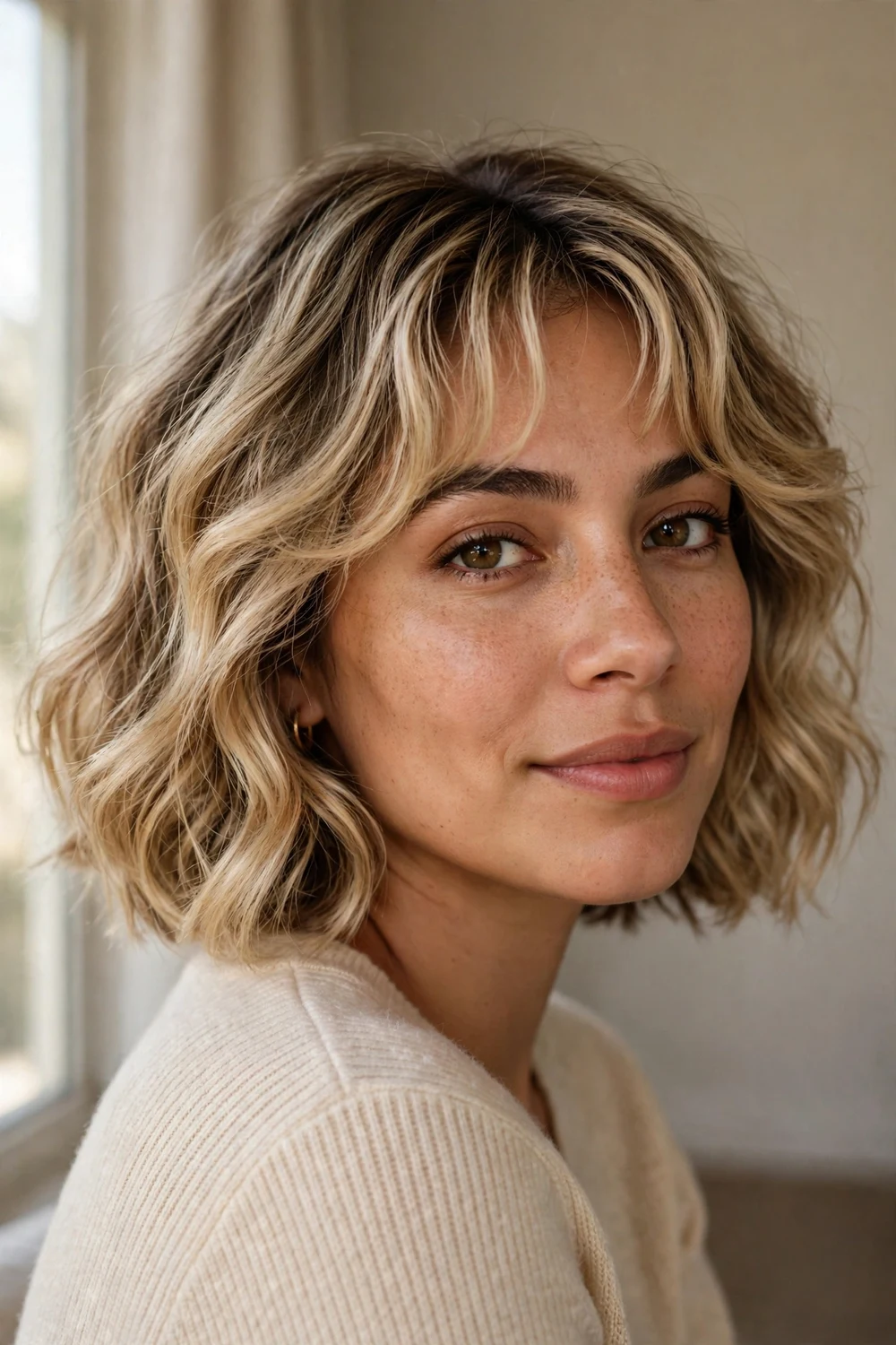 Wavy French bob with tousled texture on a woman with a slim face, dirty blonde hair