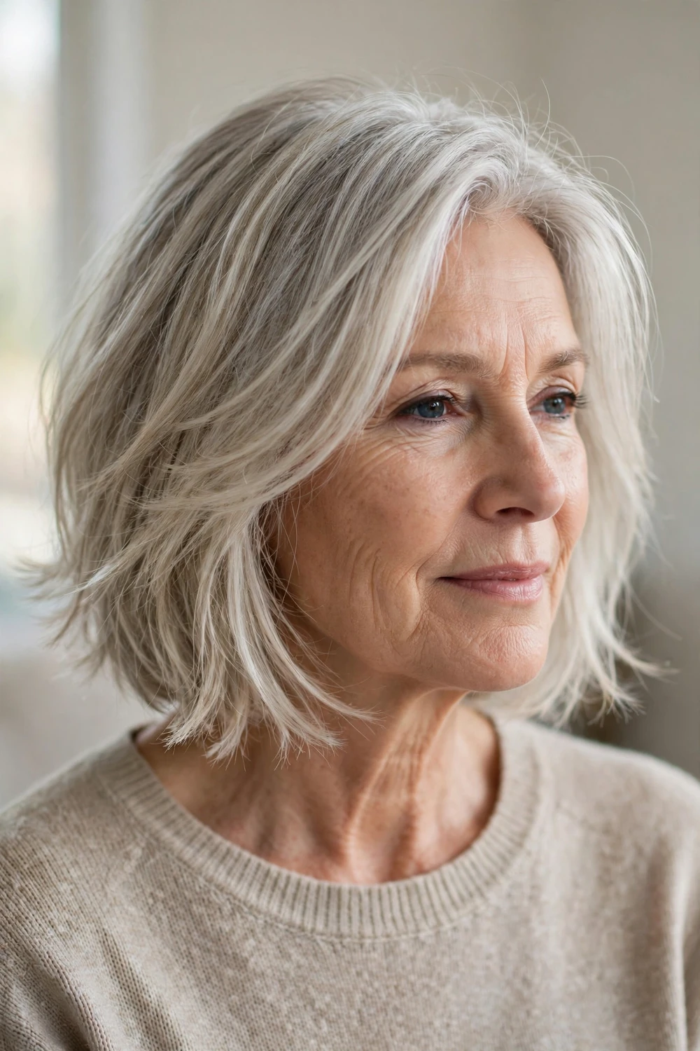 54-year-old woman with silver-blonde wispy layered bob with airy ends