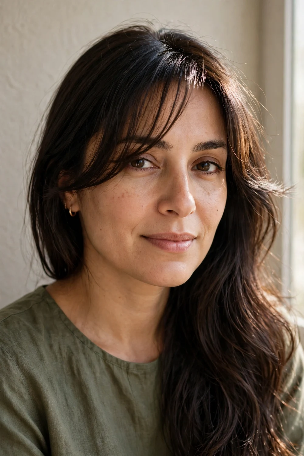 Woman with dark brown long hair and an asymmetrical see-through wispy fringe swooped to one side