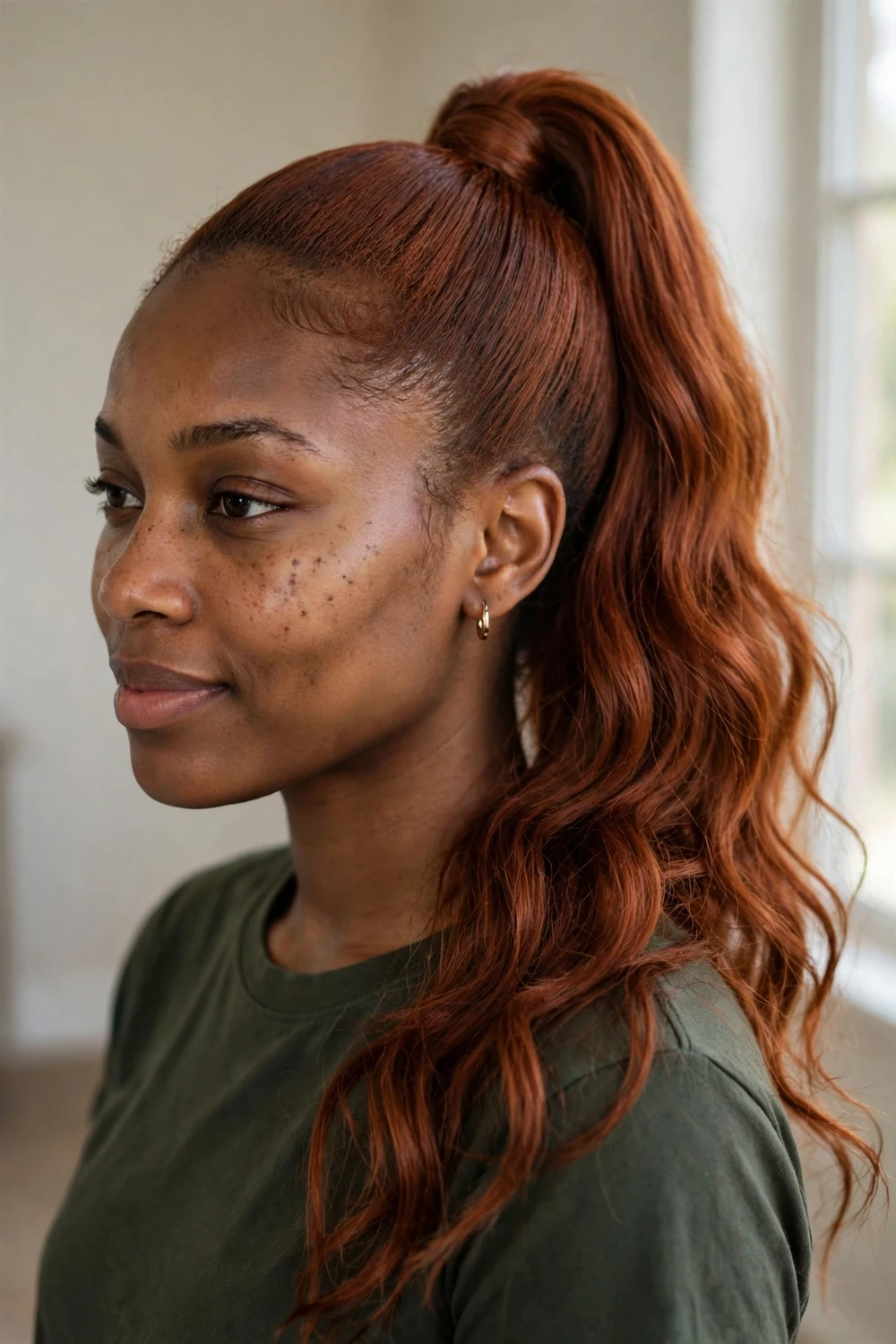 Woman with long auburn hair in a sleek high ponytail with wavy tail