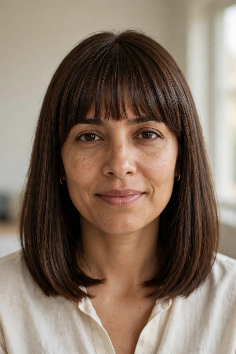 Long bob with full bangs on a woman with a thin face, chocolate brown hair