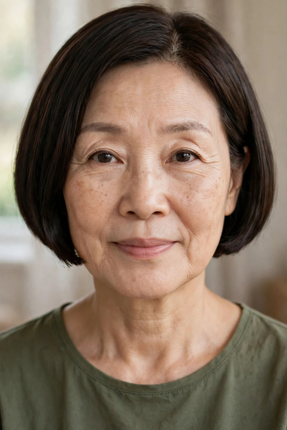 59-year-old East Asian woman with dark brown micro bob with blunt ends above the chin
