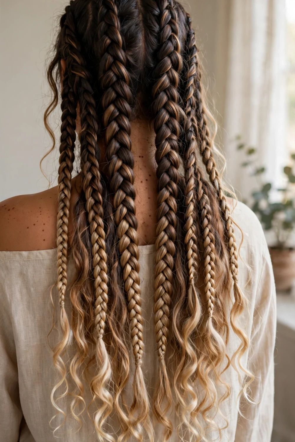 Woman with ombre boho braids fading from dark brown to blonde