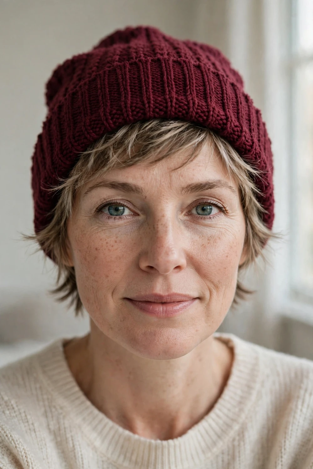 Woman with a textured pixie haircut wearing a burgundy knit beanie