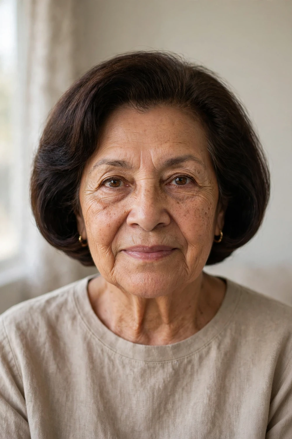 Rounded bob on a 66-year-old woman with dark brown fine hair